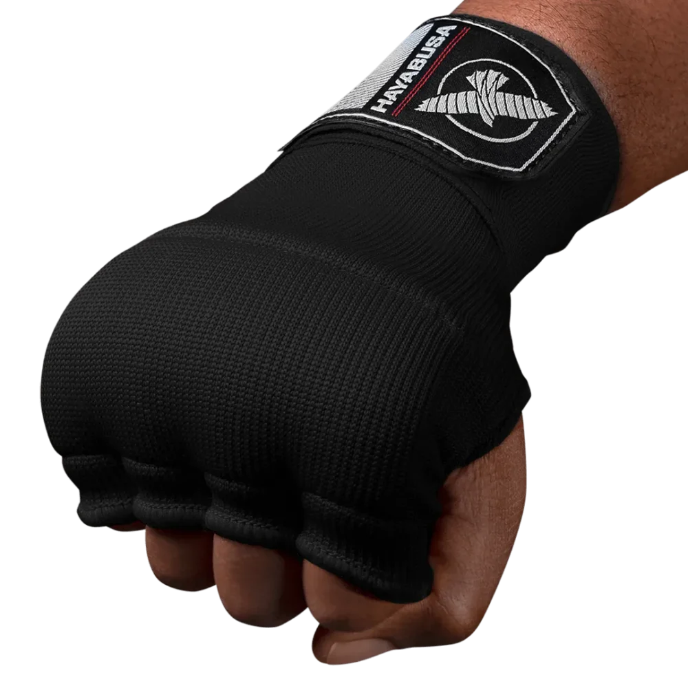 Gelinės pirštinės vietoj bokso bintų Hayabusa Quick Wraps su ilgais riešo raiščiais.