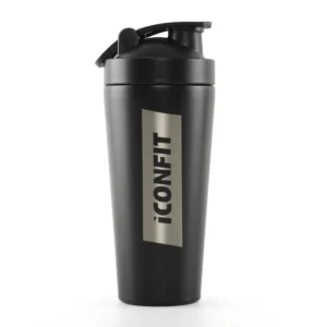 Nerūdijančio plieno plaktuvė ICONFIT Shaker Reforce 800 ml, skirta sporto kokteiliams ir baltymams.