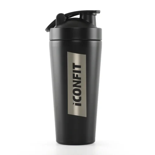 Nerūdijančio plieno plaktuvė ICONFIT Shaker Reforce 800 ml, skirta sporto kokteiliams ir baltymams.