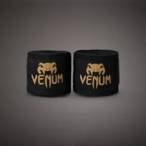 Juodi bokso bintai Venum Kontact su auksiniu logotipu, 4,5 metro ilgio, skirti kovos menų treniruotėms.