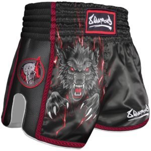 Kikbokso-sortai-vaikams-8-Weapons-Beastial-Wolf-juodi-raudoni Vaikiški juodai raudoni tajų bokso šortai 8 WEAPONS Beastial Wolf su išskirtiniu vilko dizainu.