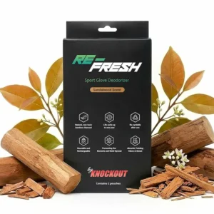 Sandalmedžio kvapo dezodoravimo maišeliai Knockout Re-Fresh, skirti sportinėms pirštinėms ir avalynei.