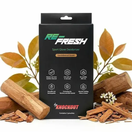 Sandalmedžio kvapo dezodoravimo maišeliai Knockout Re-Fresh, skirti sportinėms pirštinėms ir avalynei.